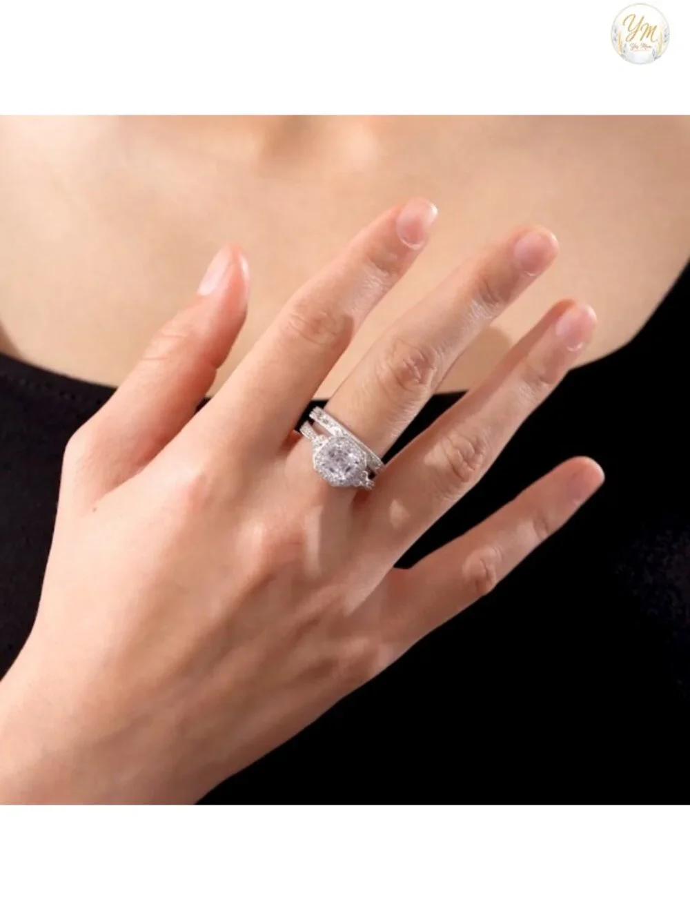 Platinum Plated Sterling Silver Antique Halo Engagement Ring Set with